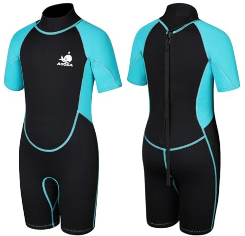 AOOSA Neoprenanzug Kinder für Jungen und Mädchen, 2.5 mm Neopren Thermo Badeanzug, Shorty Neoprenanzug mit Reißverschluss Hinten für Wassersport, Schwimmen, Schnorcheln, Surfen, Tauchen (Blau, M)