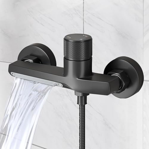Grifos Ducha, Grifo Ducha Termostatico grifo mezclador para bañera, mezclador monomando para baño, Latón Puro de 2 Salidas, Grifo Monomando Ducha Baño de Pared Grifería de Bañera de Pared, Negro