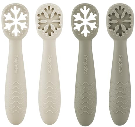 PandaEar Set Posate Svezzamento Bambini (4 Pezzi) | Cucchiai in Silicone per Neonato e Bambino | Utensili Pappa Senza BPA | Morbidi e Delicati sulle Gengive | 4 Mesi+ (Marrone chiaro/Noce)