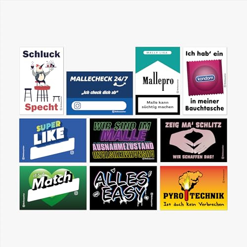 Malleexperten Sticker Set #1 | Malle Party Feiern Festival Karneval JGA Après-Ski | 10x 10 Sticker, 10 Motive | Aufkleber in Top Qualität (UV-Lack, Outdoor-Haftbarkeit, Schlitzung Rückseite)
