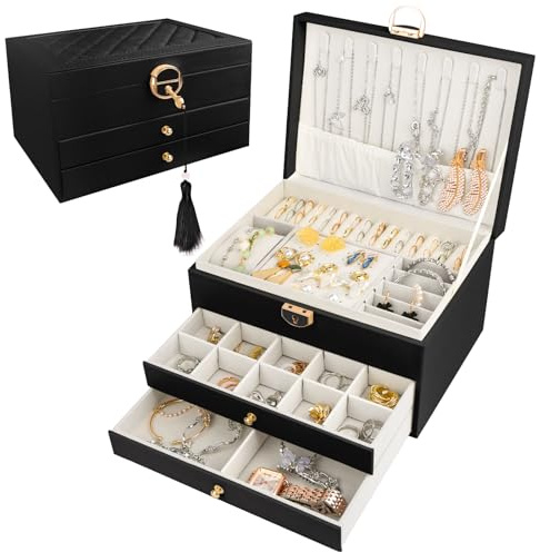 QOUBNIC Boite a Bijoux, Rangement Bijoux 3 Niveaux Boite a Bijoux Fille, Boite à Bijoux Femme Boite Rangement Bijouxrange Bijoux Femme pour Boucles, Colliers,Bagues (Noir)