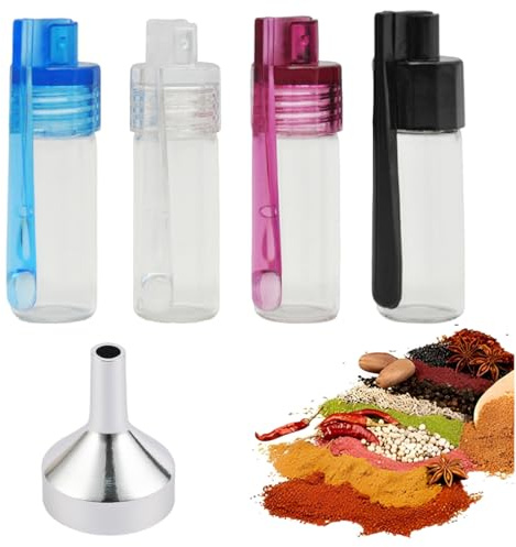 WUSJCOF 4 piezas botella para especias en polvo,mini a prueba de fugas,con cuchara incluida tipo esnifador,pastillero de vidrio,caja organizadora,tapas de colores aleatorios (36 mm de altura)