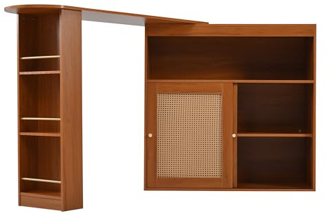 Senmate Tavolo Cucina Estendibile 138-193cm con Ante in Vimini, Ripiani Regolabili e Spazio Archiviazione - Tavolo da Bar, Isola Cucina Multifunzione per Casa Piccola