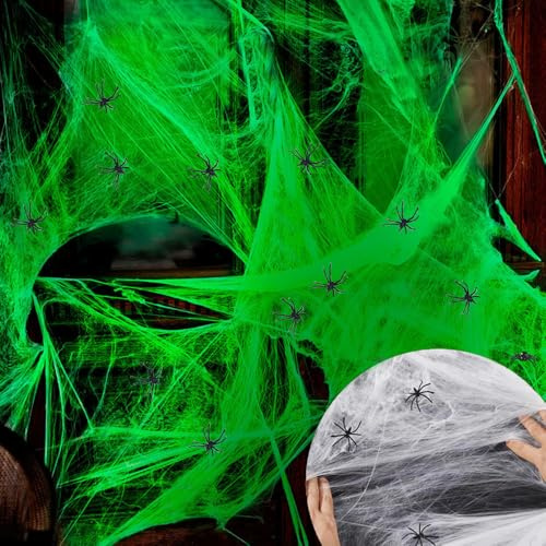 XFSRG Halloween Decorazioni 200 g Ragnatela Luminescente con 60 Ragni Realistici Ragnatele Halloween per Festa Giardino Casa Infestata Cortile