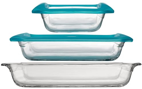 Libbey Baker’s Premium 5 Piece Glass Bakeware Set, Includes 10x14, 9x13 with Lid, and 8x8 with Lid, Stackable with GreatGrip™ Handles