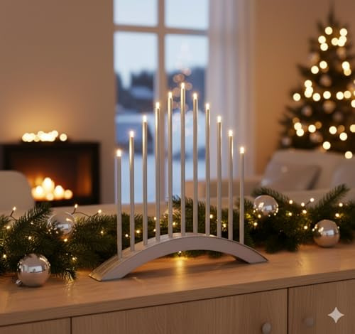 MeLiTec LED USB-C Stimmungsbogen Weihnachten, SL58, Chrom matt, warmweiß (3000K), dimmbar (3 Stufen), 5h-Timer, kabellos inkl. Akku, IP20, Innen – modernes Dekorationslicht, Lichtbogen, Fensterlicht