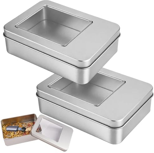 2 Stück Kleine Metalldosen mit Deckel, Aufbewahrungsbox Metall Rechteckige | 12,5x9x3.5 cm Metallbox Blechdose, Klein Behälter mit Transparentem Fenster, Silber metalldöschen für Sügigkeiten, Schlüssel