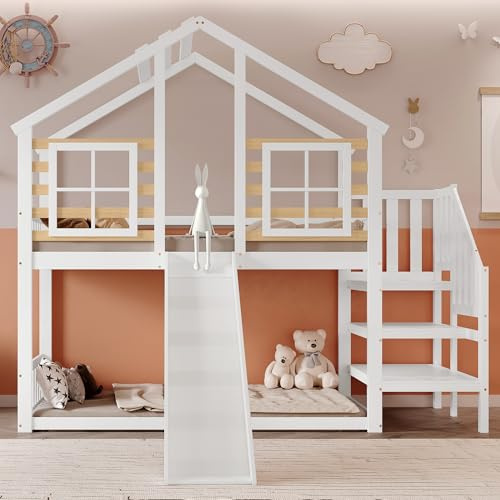 Merax Lit superposé Enfants 90×200 cm en Bois Massif avec escalier, Toboggan– lit cabane à étages Blanc avec Structure Solide (sans Matelas)