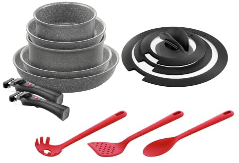 BALLARINI Torre Bratpfannen- und Stieltopf-Set + Küchenhelfer aus Silikon, 13 tlg, Keramikbeschichtung, Induktionsgeeignet, Abnehmbare Griffe, Deckel mit einklappbaren Griffen, Aluminium, Grau