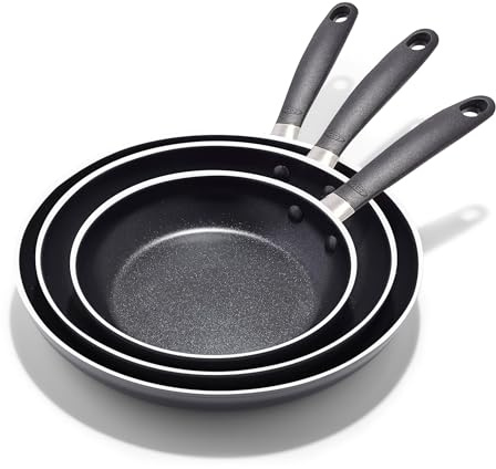 OXO 3-Piece Nonstick Frying Pan Set (8, 10, 12), PFAS-Free Ceramic Skillets, Dishwasher & Oven Safe, Stay-Cool Silicone Handle