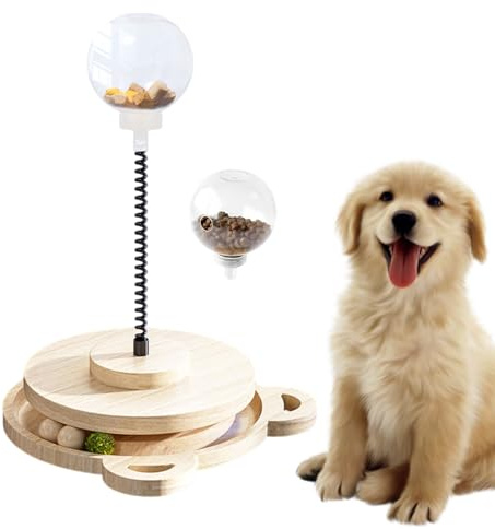 Fnaekier Treat Dispensing Ball,Pet Food Dispenser Wood Track,with Spring Pole Dog Treat Toy | for Puppy Medium Breed Home Play