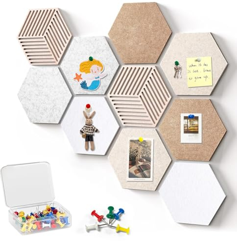 KEAGAN 10 Stück Sechseckige Korkplatten für Wände, Kork Pinnwandfliesen mit 50 Pins, Filz-Pinnwand, Selbstklebende DIY Korkplatten für Büro, Zuhause und Schule Wanddekoration