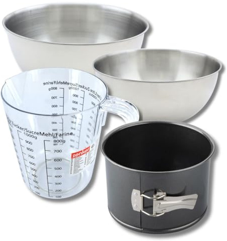 Zenker 9380850 Set Moule à Panettone 18 cm à Charnière, Acier Antiadhésif ILAG Premium sans PFOA, Layer Cakes, 2 Bols à Mixer Inox 20,5 et 25 cm, Verre Mesureur Plastique 1 L, Spatule Silicone, Noir