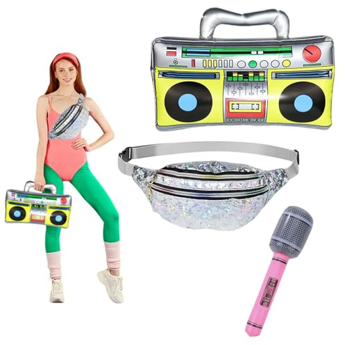 GWAWG - Conjunto de plátano, inflable y bolsa de plátano, accesorios 80 90 años para mujeres y hombres, props inflables retro para carnaval, Halloween, fiesta temática y festival