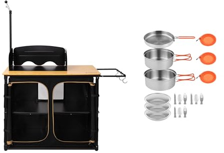 KingCamp Campingküche faltbar mit Bambus Campingschrank & Edelstahl Camping Kochgeschirr, Outdoor Küche mit Stauraum, Windschutz, Lampenhalter & Kochset für 3 Personen, ideal für Camping, BBQ&Picknick