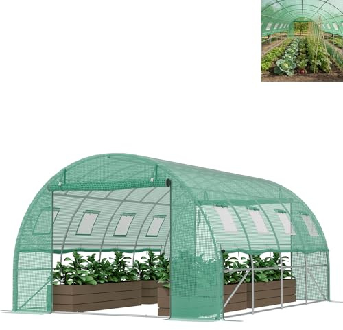 YZNAHRE Foliengewächshaus 4x3x2m, verzinktem Stahl Gewächshaus, aufrollbare Seitenwände mit Moskitonetz, 8 Fenster & 2 Tür inkl. inkl. Erdanker & Seile, Grün
