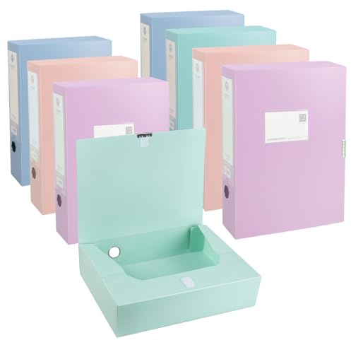 LQOZYYUL 8 Pack Box Files A4, 75mm Spine Plastic Box Folders | Plastic Box File for Paperwork A4, Foolscap Box Files Filing Boxes for Home Office Document – 4 Colors