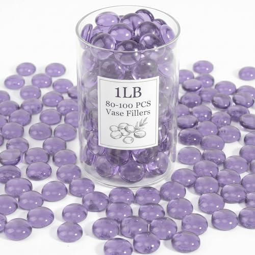 WOHSEROM Perles en verre violet clair de 0,5 kg, billes en verre plates de 1,5 à 2 cm pour vases – Remplissage de vase à lavande, pierres d'aquarium, pierres d'améthyste pour centres de table floraux