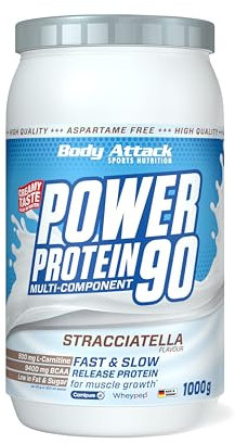 Body Attack Power Protein 90, Stracciatella, 1kg, 5K proteine in polvere con proteine del siero di latte, L-carnitina e BCAA per la costruzione muscolare e il fitness.