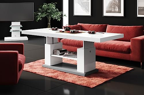 HU Design Couchtisch HN-777 Weiß - Grau Hochglanz höhenverstellbar ausziehbar Tisch Esstisch