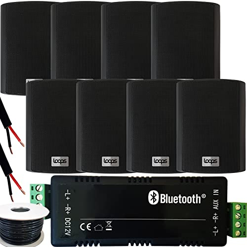 Loops Outdoor/External Bluetooth Speaker System - Garden Party BBQ Kit - 60W Mini Wireless Amplifier & 8x 4 70W Black Weatherproof Speakers