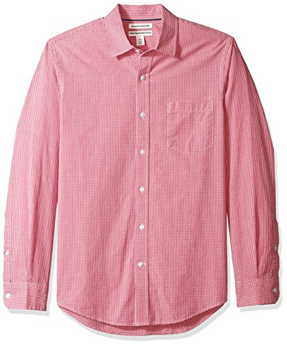 Amazon Essentials Chemise en Popeline à Manches Longues Coupe Ajustée Homme, Rouge Motif Vichy, M