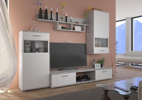 Kuechen-preisbombe TOP Wohnwand Blues Anbauwand Wohnkombi Wohnzimmer Weiss matt + Beton hell Optik