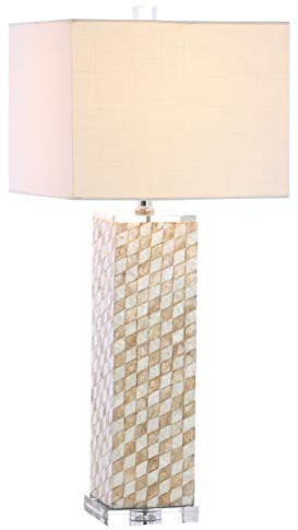 JONATHAN Y 30.5 Cream Seashell and Crystal Table Lamp, Coastal Harlequin Mosaic Mother of Pearl Resin Base with White Linen Rectangle Shade, LED Bulb Included JYL1048A