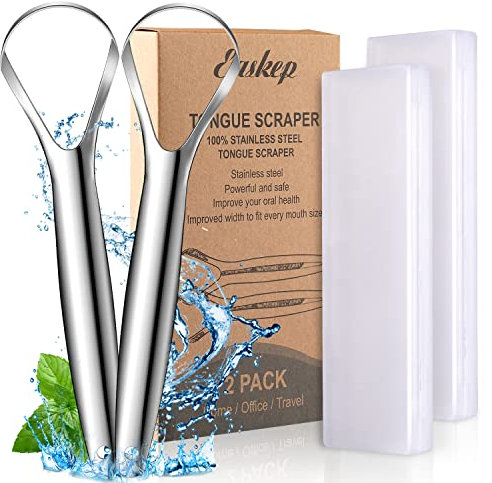Tongue Scraper (2 Pack), Wide-head Tongue Cleaner with Nice Carrying Box, Easkep 100% Stainless Steel Tongue Scrapers Cleaners, for Men, Women, Adults, Kids, silver