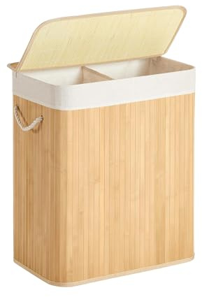 21Bamboo 100L Bambus Wäschekorb mit Deckel – Stabiler, Faltbarer Wäschesammler mit 2 Fächern, Herausnehmbarer & Waschbarer Wäschesack, Badezimmer, Schlafzimmer (Naturel)