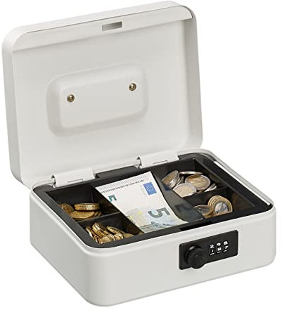 relaxdays Caisse à Monnaie, avec Combinaison à 3 Chiffres, Rangement d’Argent en Fer, H x L x P 8,5 x 20 x 17 cm, Blanc