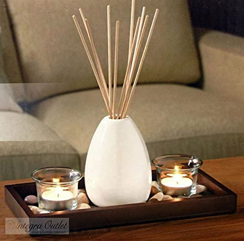 Biznest Ceramic Vase Reed Diffuser & Candle Set with Wooden Tray & Stones