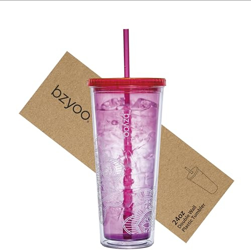 bzyoo SIP Doppelwandiger Kunststoffbecher mit Deckel und Strohhalm, Reisebecher für kalte Getränke, wiederverwendbar, Partybecher, perfekt für Büro, Eiskaffee oder Tee, als Geschenk, Farbe: Rosa und