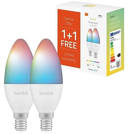 Hombli smarte LED Glühbirne E14, dimmbar, warmweiß bis farbig CCT RGB, 380 Lumen, App-fähig, kompatibel mit Alexa, Google Assistant, Siri, 2er Pack