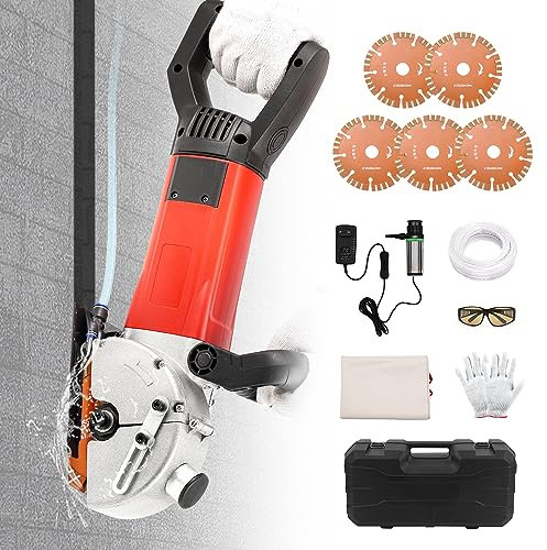 Huanyu Macchina per scanalare i muri con 5 pezzi da 133 mm di lame Strumento per la scanalatura dei muri senza polvere con pompa dell'acqua aggiornata Adatto per tagliare mattoni, terra e armatura