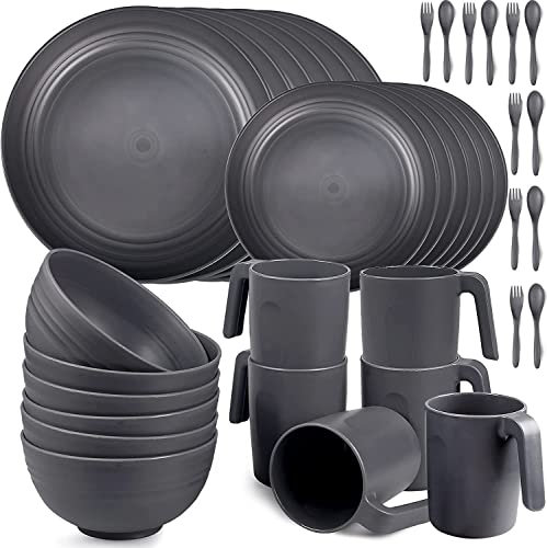 36pcs Unbreakable Dinnerware Sets for 6 People, Camping Plates and Bowls Set, Plastic Picnic Dinner Sets, Lightweight BBQ Serving Plates, Bowls, Cups,Cutlery Set, Forks,Tableware (Grey)