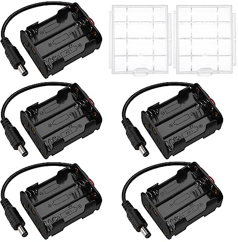 5 Pièces 6x 1.5V AA Supports de Piles, KUOQIY 9V Double Face Boîte de Batterie, AA Support de Batterie avec Prise CC, avec Boîte à Piles en Plastique