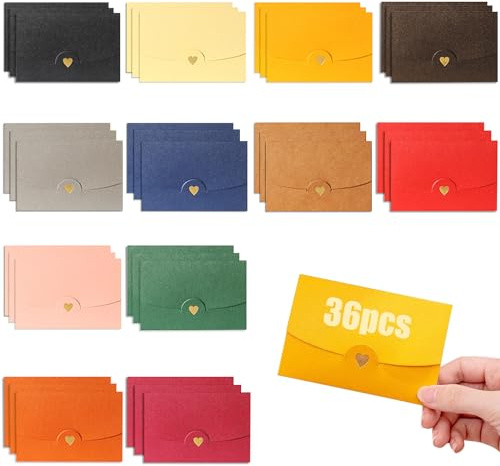 yivom 36er Set Mini Umschläge Bunt, kleine briefumschläge mini, 10,5x7CM Briefumschläge Bunt, Herz Briefumschläge für Diy GeschenkKarten, Weihnachten, Hochzeit, Geschenkumschläge