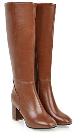 Botas Altas de Muslo para Mujer de PU Cuero, Caña Ancha con Cremallera Lateral, Rodilla Alta de Montar, Otoño Invierno, Marrón, 38 EU