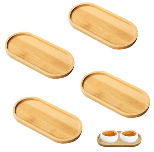 Bambus Tablett Klein, 4 Stück Ovale Holztablett Kleines, Holz Servierplatte, Holz Oval Holztabletts, Bambustablett Klein für Untersetzer Tee Kaffee Kuchen