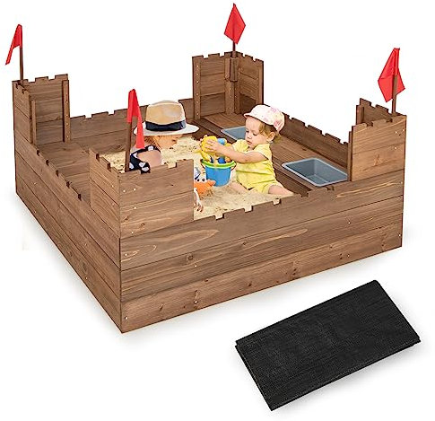 DREAMADE Bac à Sable pour Enfants 3+ Ans en Bois Massif avec 2 Bancs, Bac à Sable Extérieur sans Fond avec Boîte de Rangement & Drapeaux pour Jardin, Plage