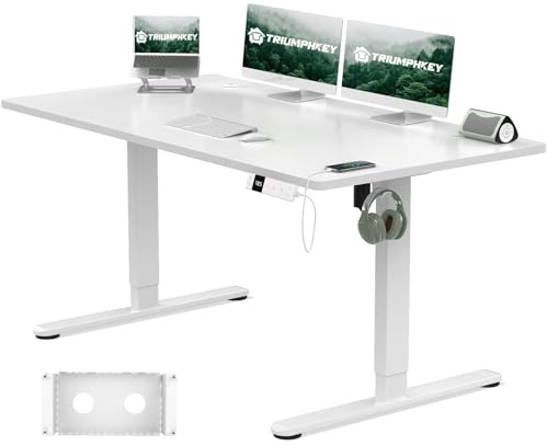 TRIUMPHKEY Höhenverstellbarer Schreibtisch 140x80cm mit Typ-C Ladeanschluss, Schreibtisch Höhenverstellbarer mit Kabel Management Tray, Standing Desk mit 3 Memory Funktion, Weiß