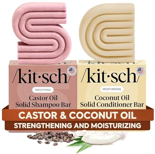 Kitsch Castor Oil Shampoo Bar & Coconut Oil Conditioner Bar – Nourishing Shampoo and Conditioner Set for Dry, Damaged Hair – Strengthening Hair Care, Hydrating & Deep-Moisturizing - 2pc set