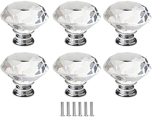 SFNIOKFG 6 Pcs Door Knob Premium Quality 40MM Clear Crystal Glass Diamond Cut Door Knobs Kitchen Cabinet Drawer knobs+Screw Home Decorating