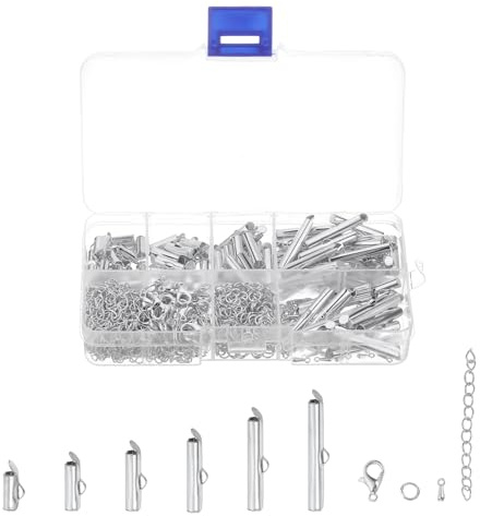 QUARKZMAN 120uds Deslizantes Extremo Cierres, 10/13/16/20/25/30mm Tubo Bola Cuenta Deslizador Engarzado Extremos para Multi-Hebras Bricolaje Artesanías Creación, Plata Blanco