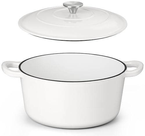 HaSteeL Horno holandés de hierro fundido de 6 cuartos de galón, olla antiadherente esmaltada con tapa, utensilios de cocina redondos antiadherentes para hornear pan de masa madre, asar, estofar,