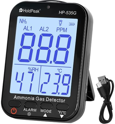 H HOLDPEAK Ammonia Gas Meter Detector, NH3 Gas Monitor 0-100PPM with 0.1PPM Resolution Air Quality Humidity Temp. Reader with Acoustic Optical Double Alarm, Large Display Backlight for Farms/Chemicals