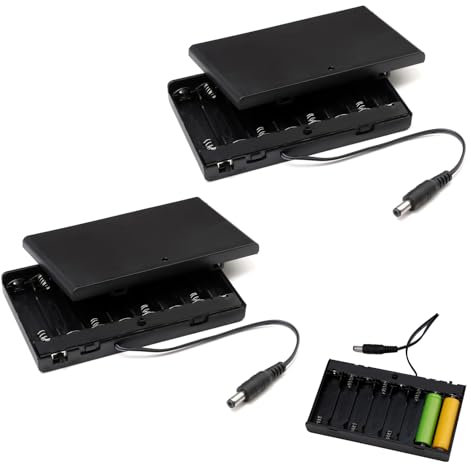 2 Pcs 8 AA 12V Battery Holder Case, 12V Power Pack with On/Off Switch & 2.1mm x 5.5mm DC Plug, Plastic Battery Storage Box for CCTV, Arduino Projects, LED Strips, Motors, DIY Electronics, Solar Panels