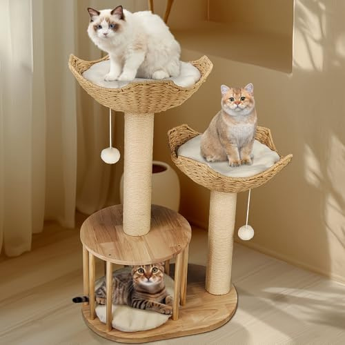 BingoPaw Kratzbaum Modern Katzenbaum Holz: 99cm Hoch Stabiler Katzenkratzbaum mit 2 Katzenkorb Plüschball Sisalsäule Katzenhöhle, Luxuriöser Kletterbaum für Katzen alle Lebensphase
