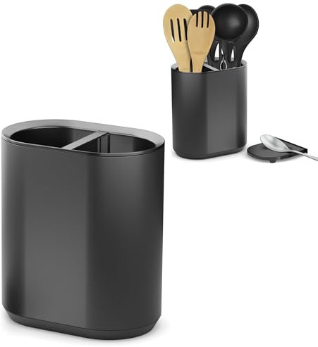 KOOK TIME Utensilienhalter Küche mit herausnehmbarer Löffelablage – Behälter für Küchenutensilien aus Kunststoff – Küchenhelfer Aufbewahrung für Ordnung und Sauberkeit – Modernes Design, Schwarz